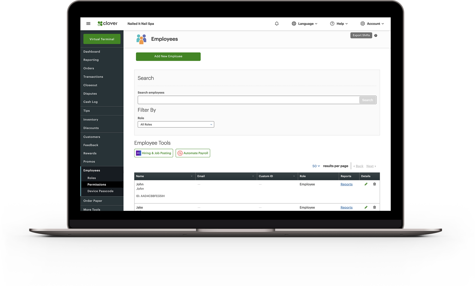The Clover dashboard's Employees page, with roles and permissions, on a laptop.