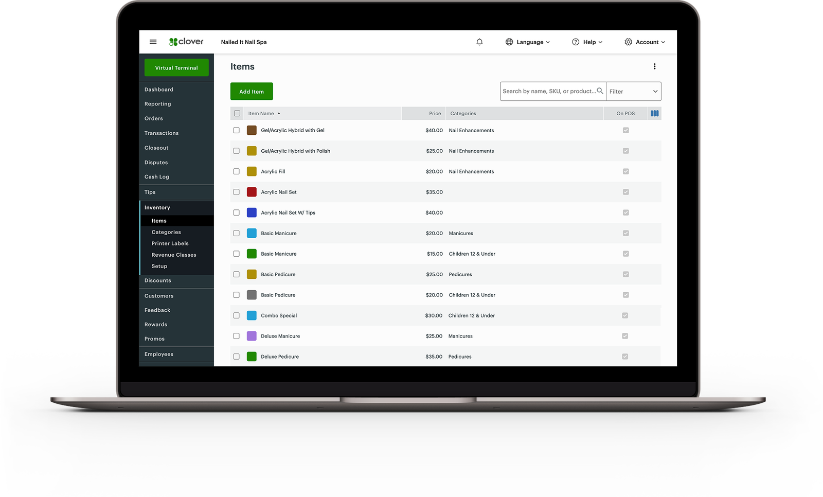 The Clover dashboard's Inventory items list on a laptop.