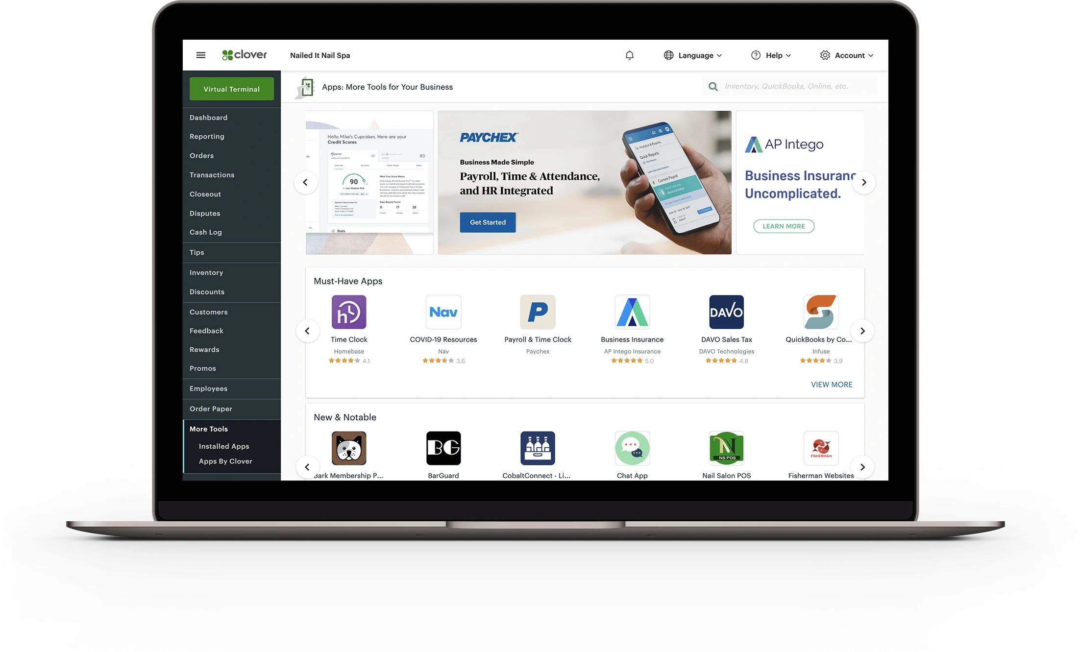 The Clover dashboard's More Tools page, listing connected apps, on a laptop.