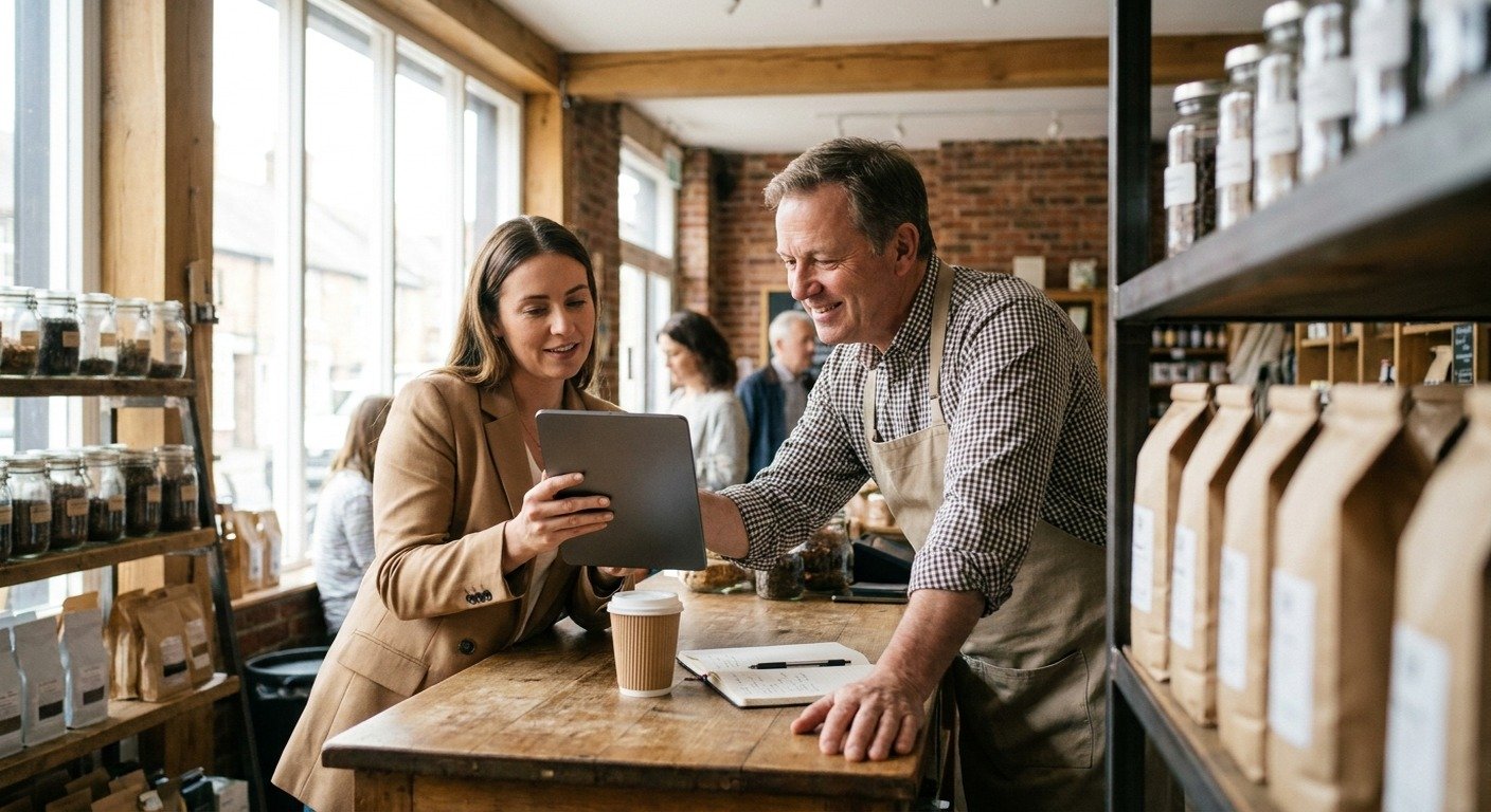 A shop owner and a visitor looking at a tablet together at the counter, its screen turned away.