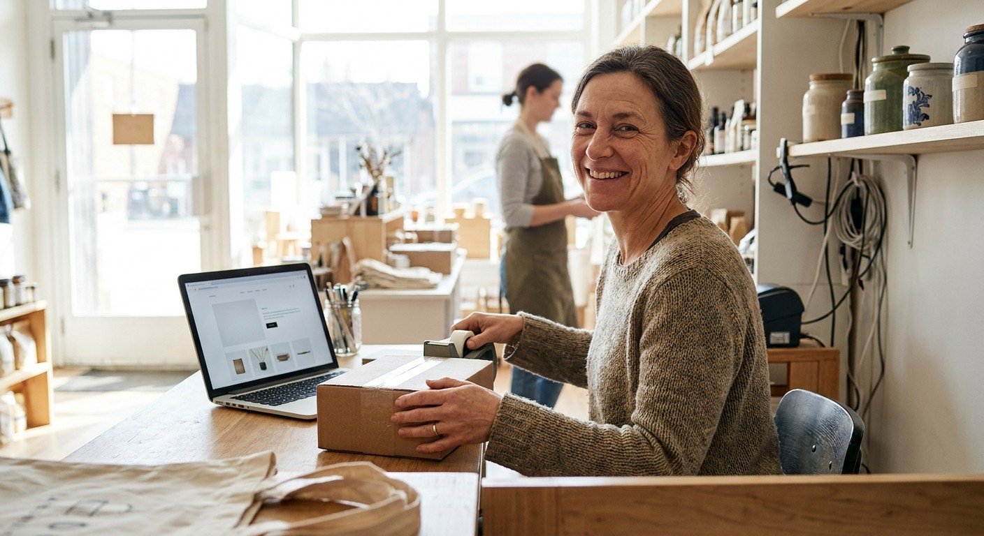 A retailer reviewing their online store on a desktop computer.