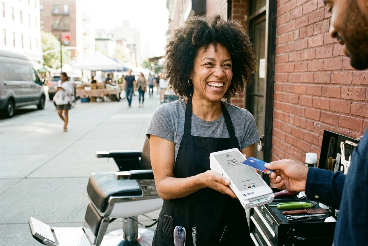 A barber laughing with a customer as they pay on a handheld terminal.