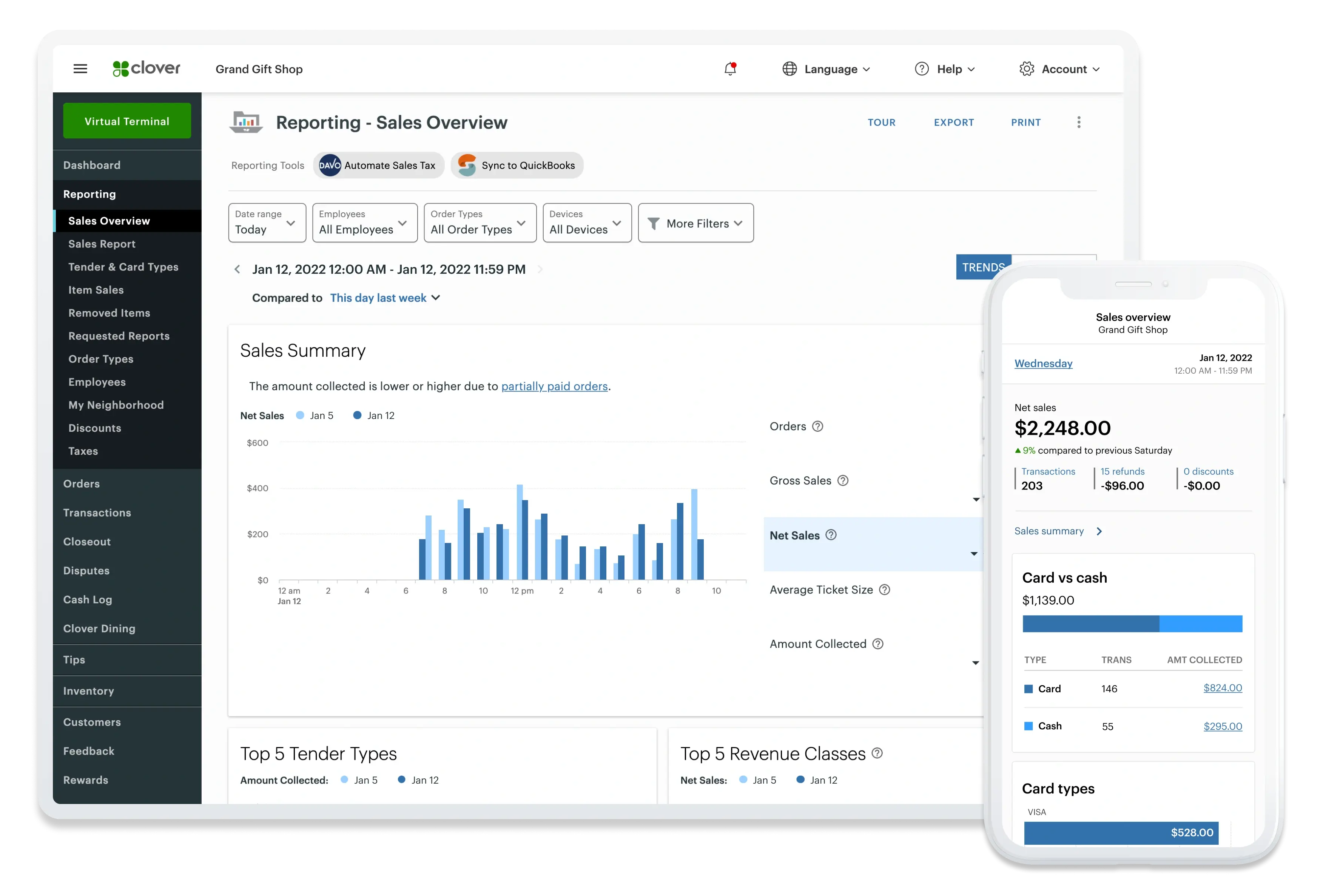 Sales tracking and reporting shown across a phone and tablet.