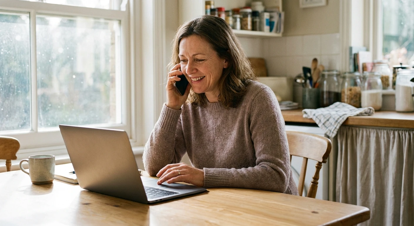 A woman using a phone and a laptop together.