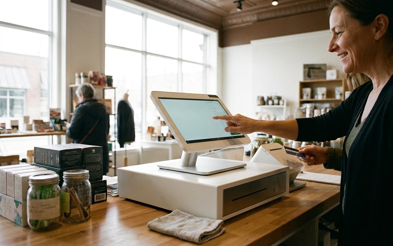 A shopkeeper working through a sale on a Clover counter system.