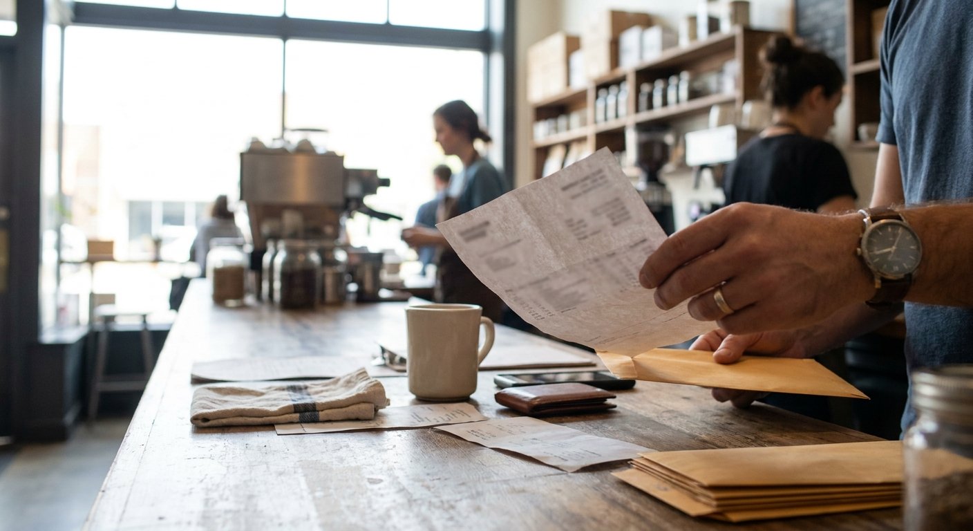 A cafe owner reading a processing statement at the counter.