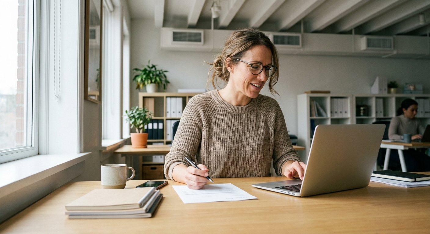 A specialist at a laptop making notes on a printed statement.