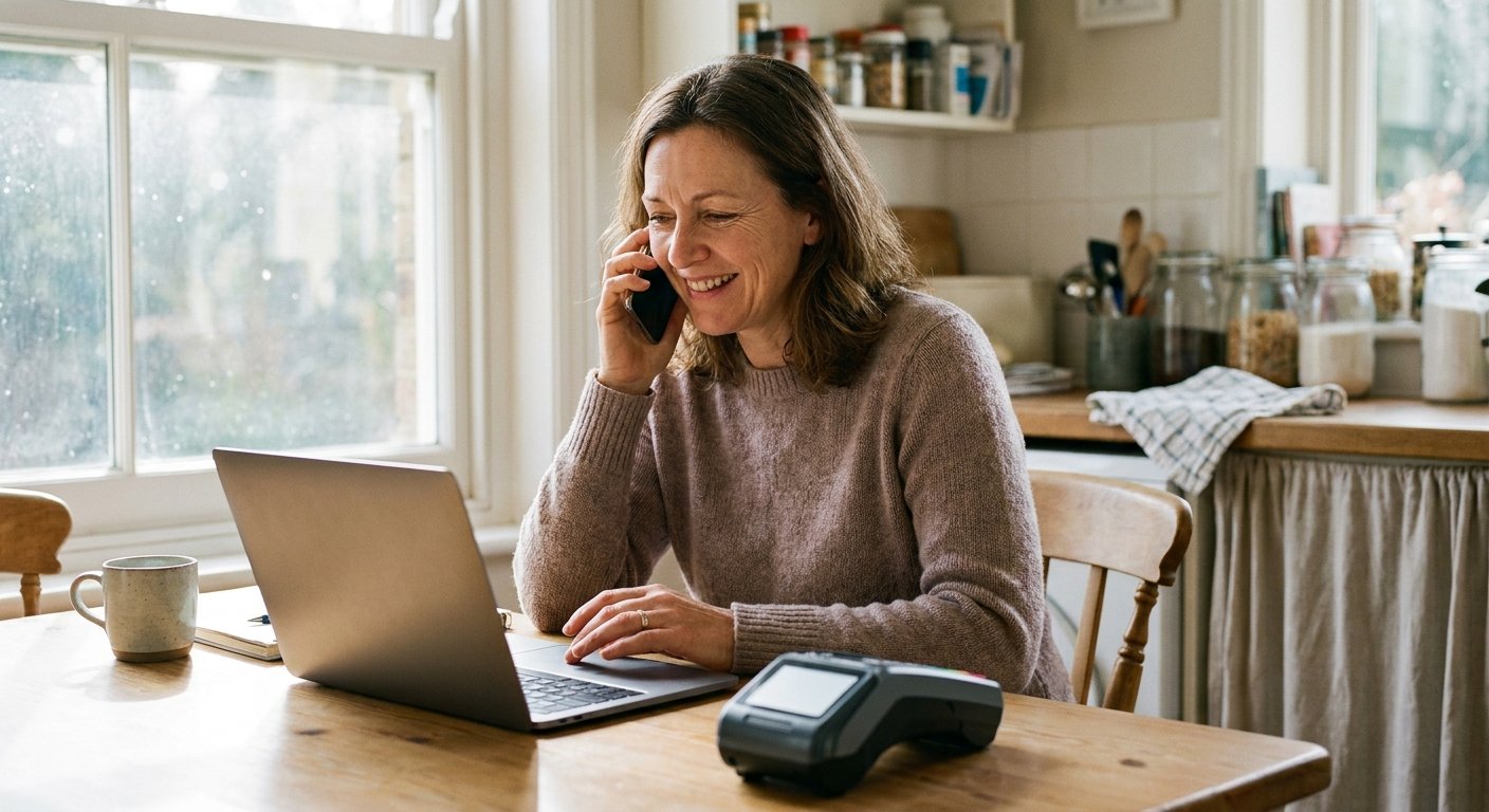 A merchant on the phone at a kitchen table with a laptop and card terminal.