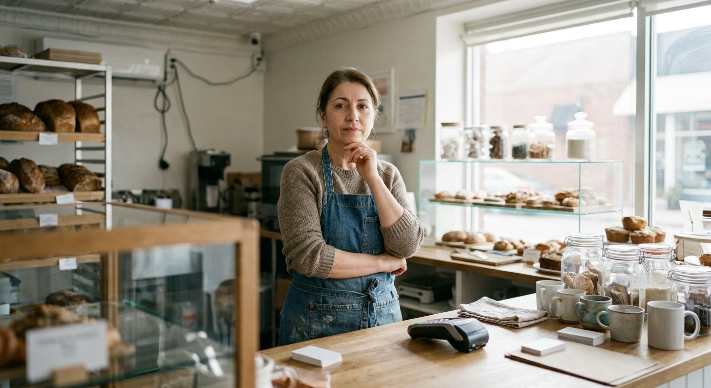 A bakery owner behind the counter, terminal in front of her.