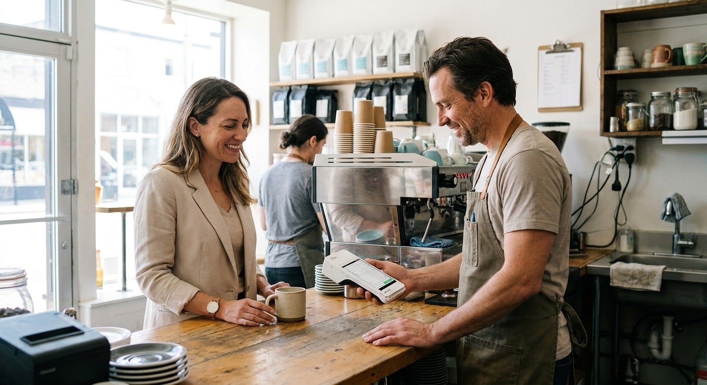 A specialist working through a setup with a café owner.