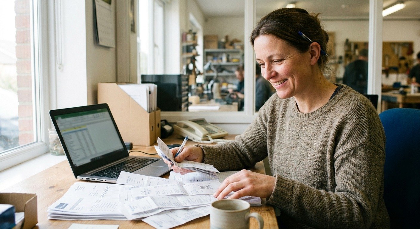 A business owner going through a spread of printed receipts beside her laptop.