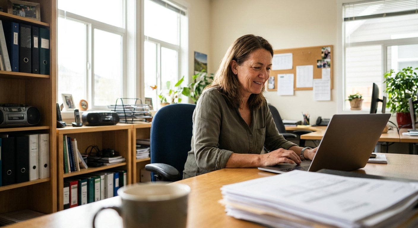 An office manager working through invoices at a laptop.