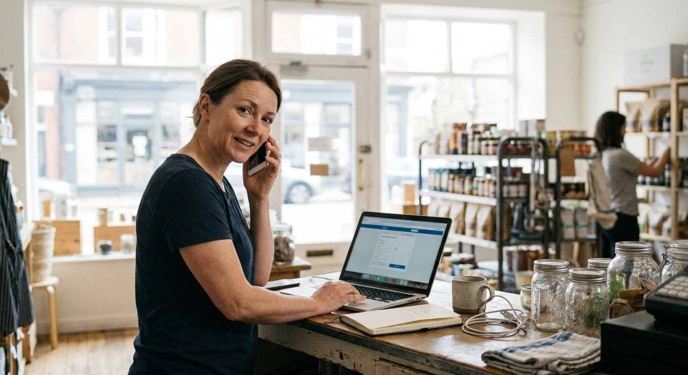 A shop owner on the phone at her laptop, keying in a payment.