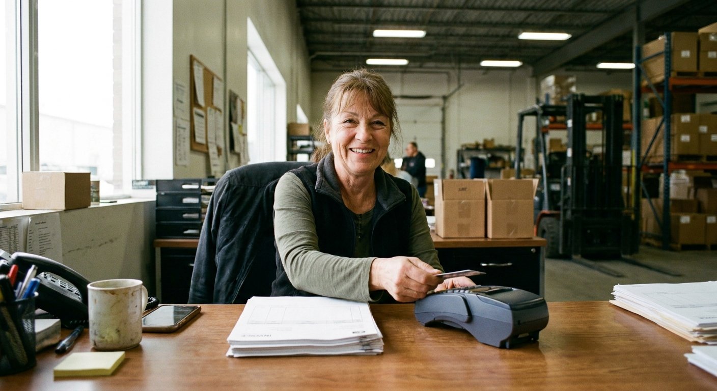 A clerk checking records against stock in a warehouse.