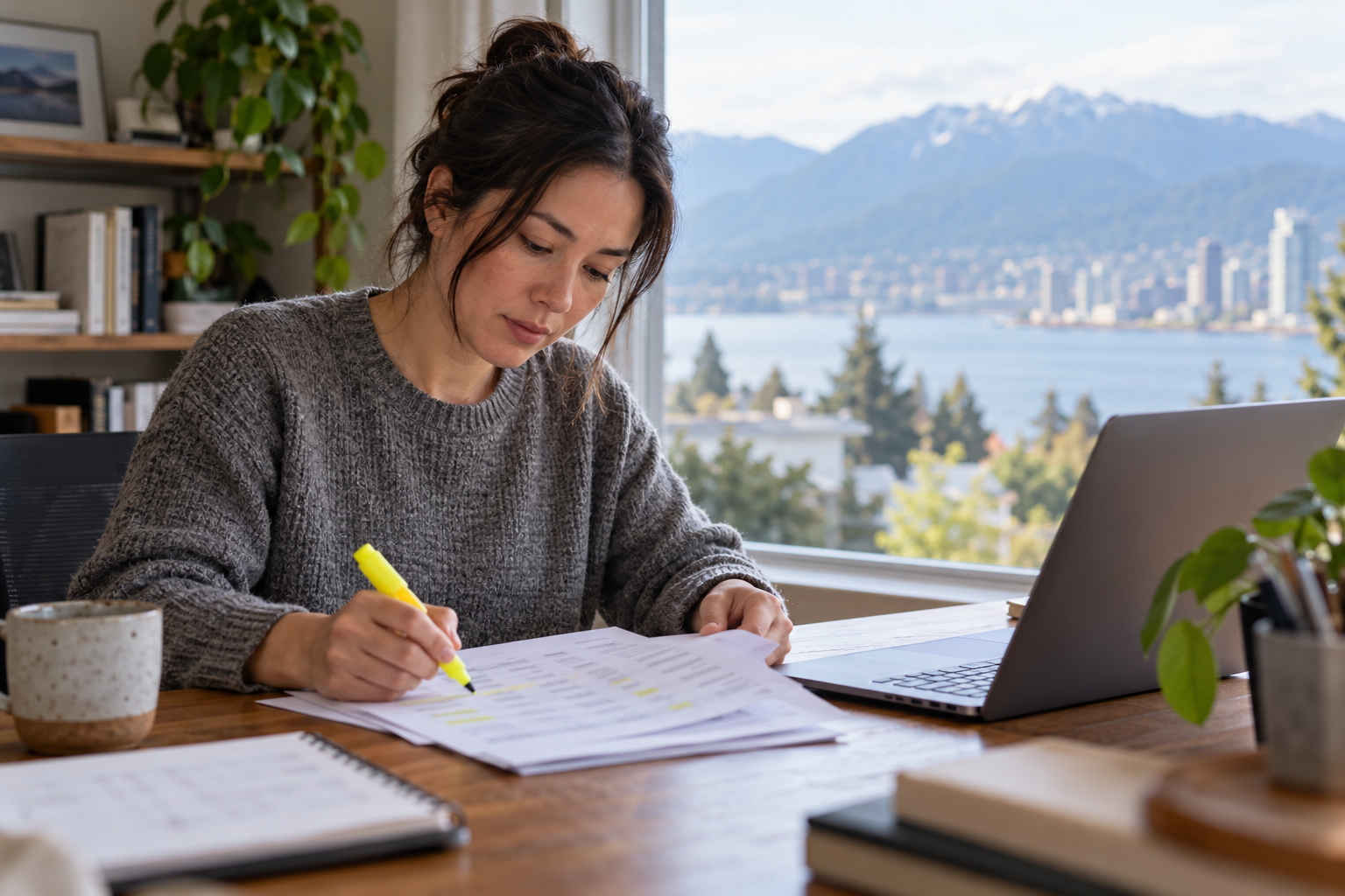 A bookkeeper highlighting lines on a printed monthly statement beside a laptop.