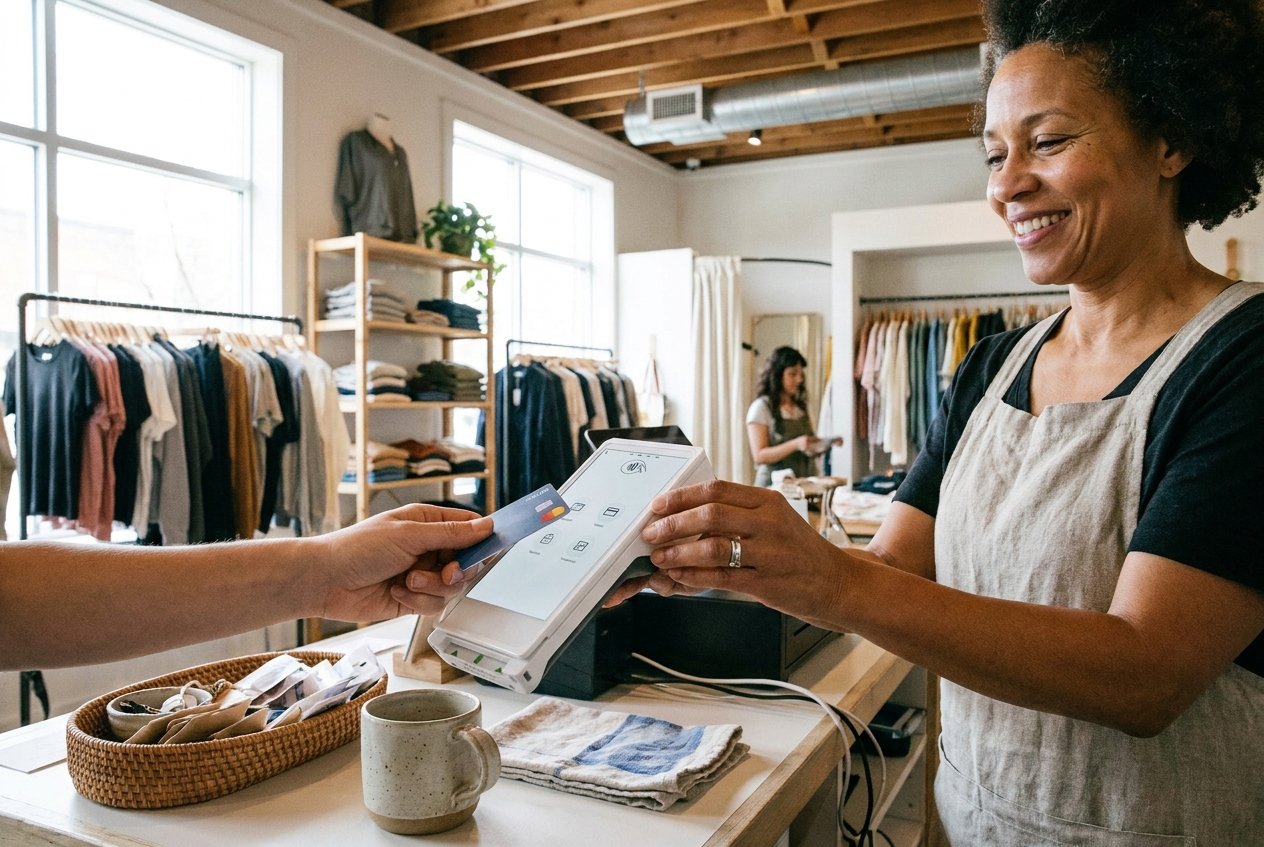 A customer tapping to pay at a boutique counter.