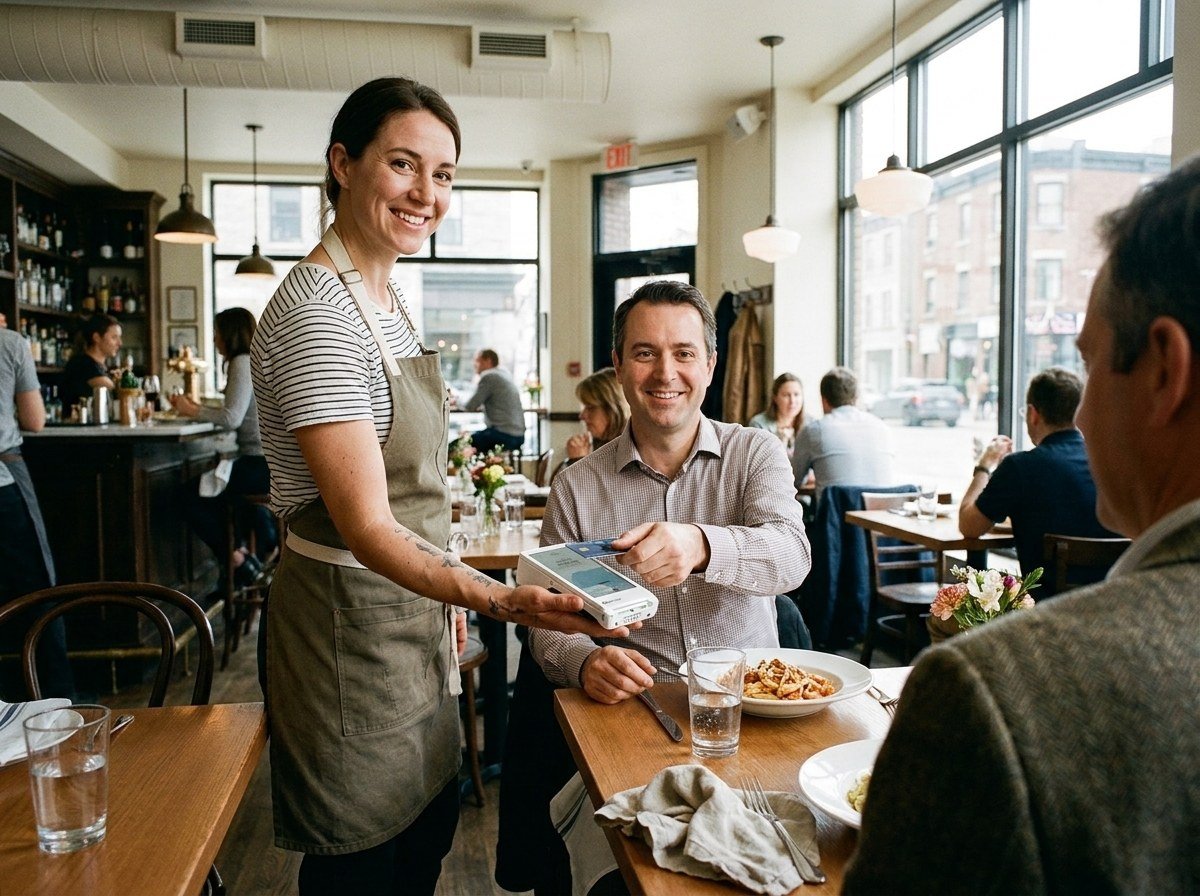 A server holding out a Clover Flex for a seated guest to tap a card at a bistro table.