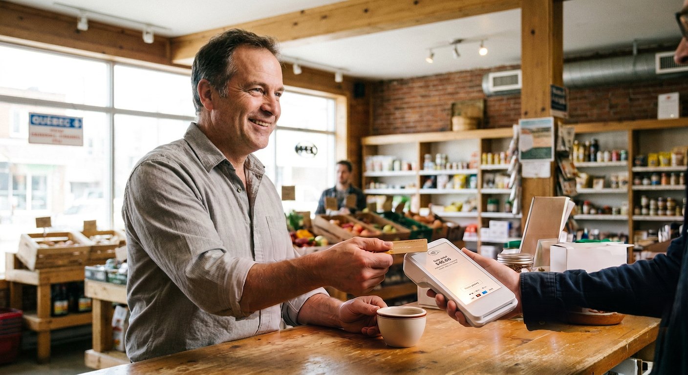 A shop owner handing a card back across the counter as a customer taps a terminal.