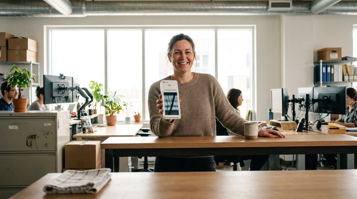 A CleverPays team member at the office counter, colleagues at desks behind her.