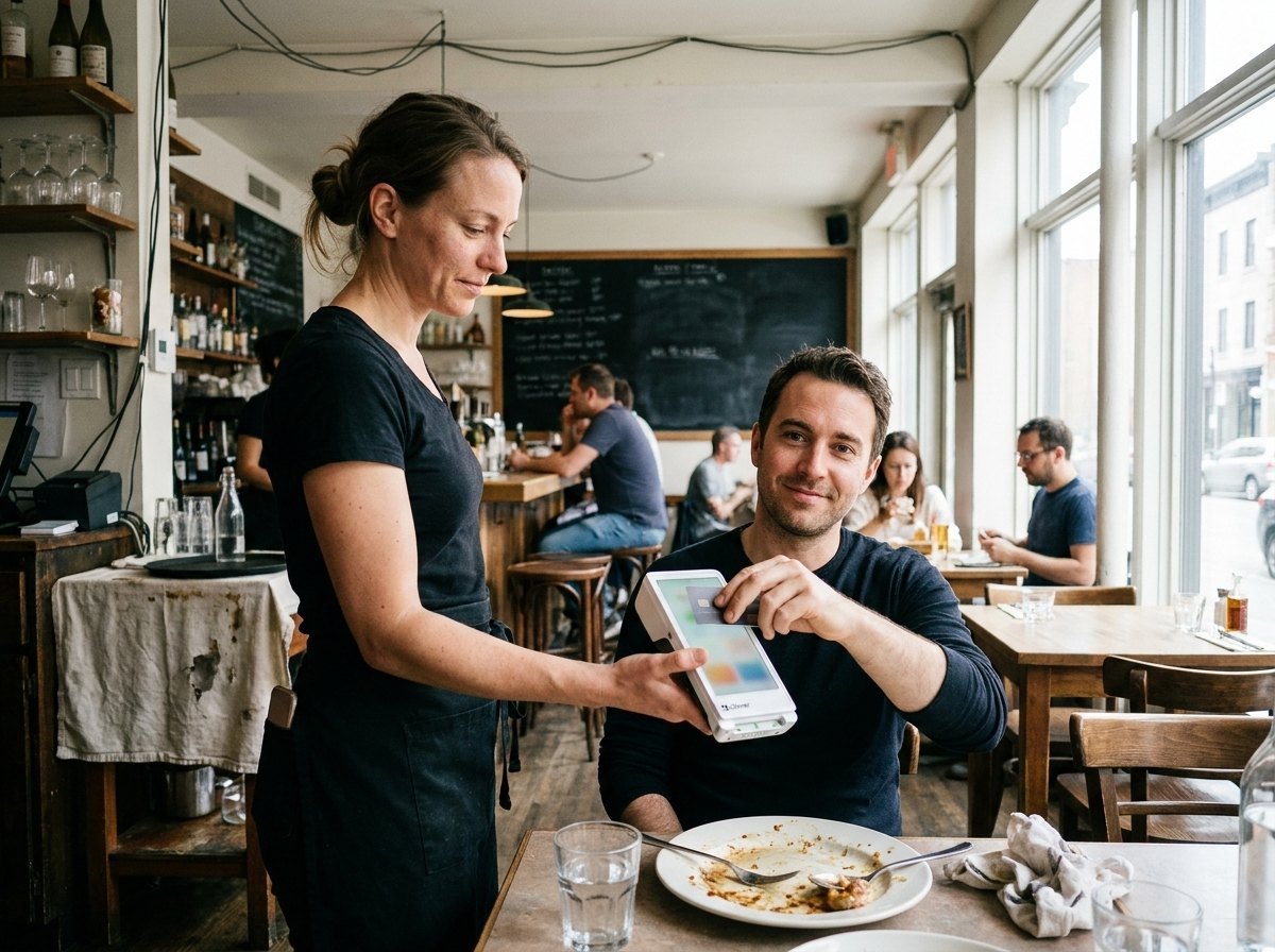 A server holding a Clover Flex out to a seated guest tapping a card at a bistro table.