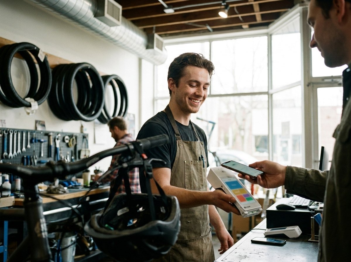A bike-shop assistant taking a phone tap on a Clover Flex between the racks, away from any counter.