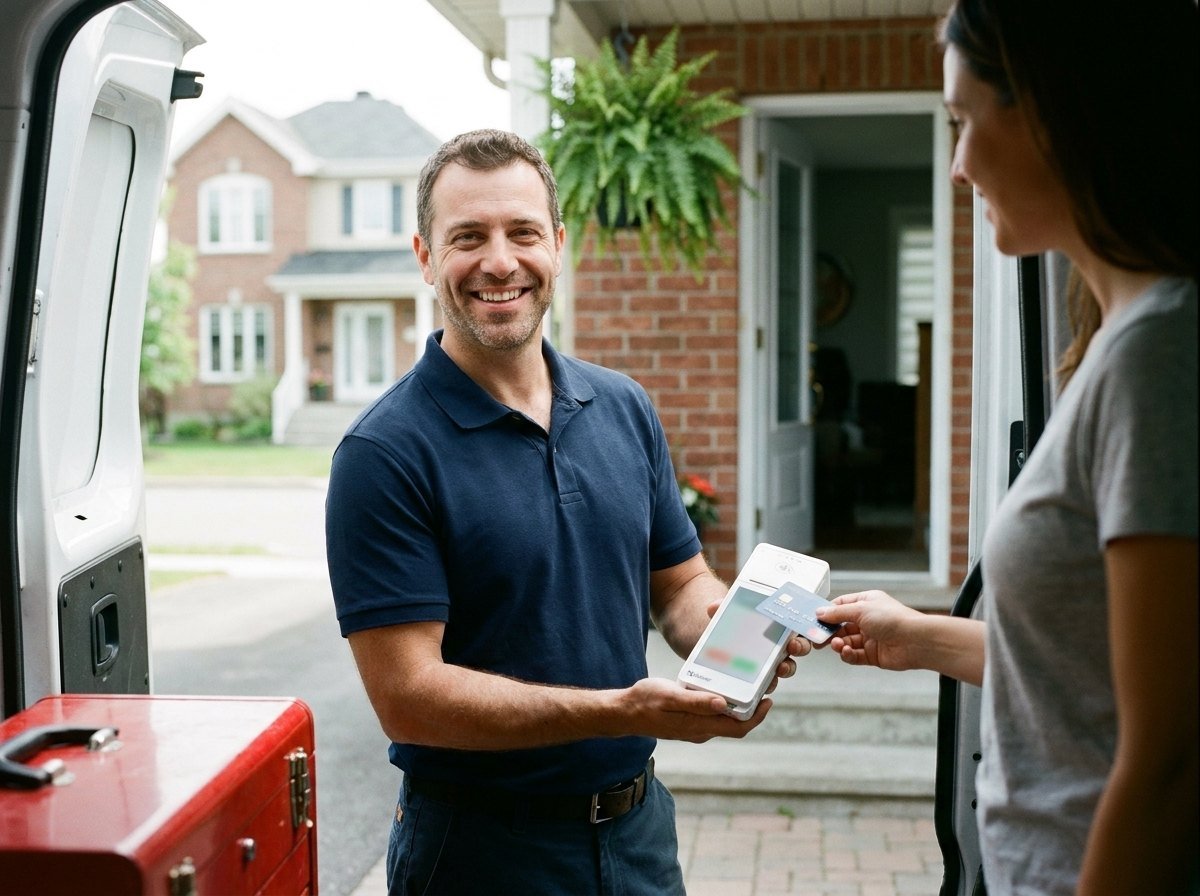 A plumber at a front door holding a Clover Flex out to the homeowner, his van behind him.