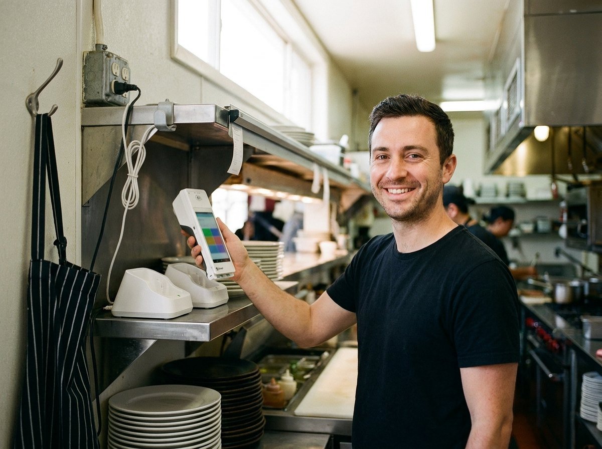 A restaurant manager lifting a Clover Flex off its charging cradle by the kitchen door.