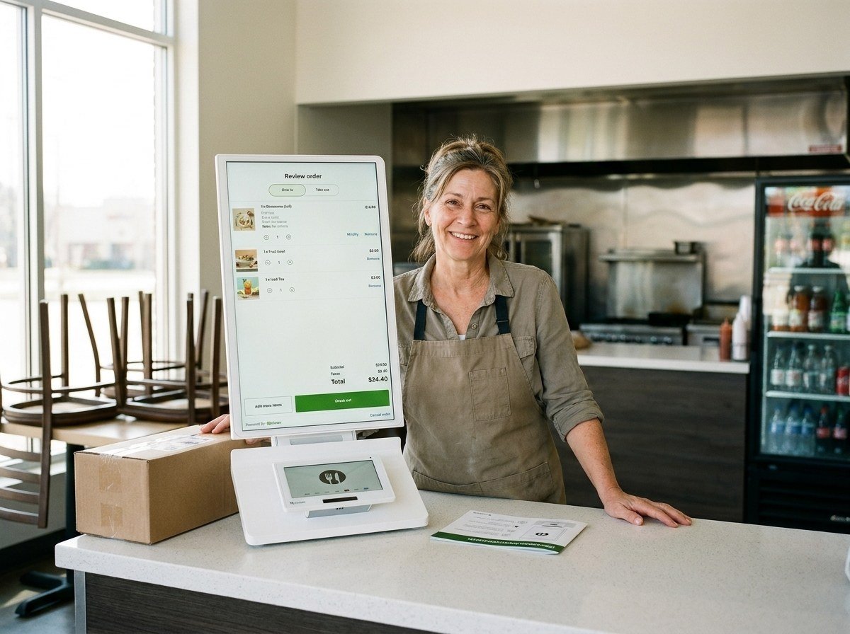 A restaurant owner following the guided set-up on a new Clover Kiosk before opening.