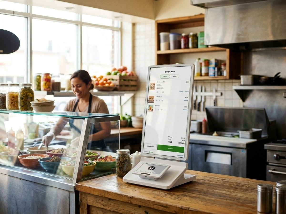 A menu on screen at a café counter.