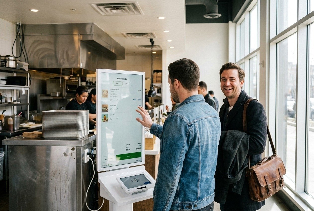A Clover Kiosk with the self-order interface on screen.