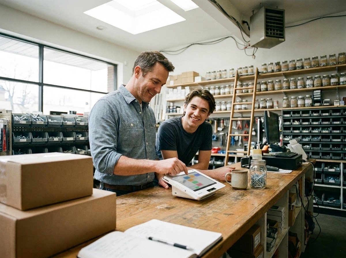 A hardware-shop owner tapping through the screen of a Clover Mini while an employee looks on.
