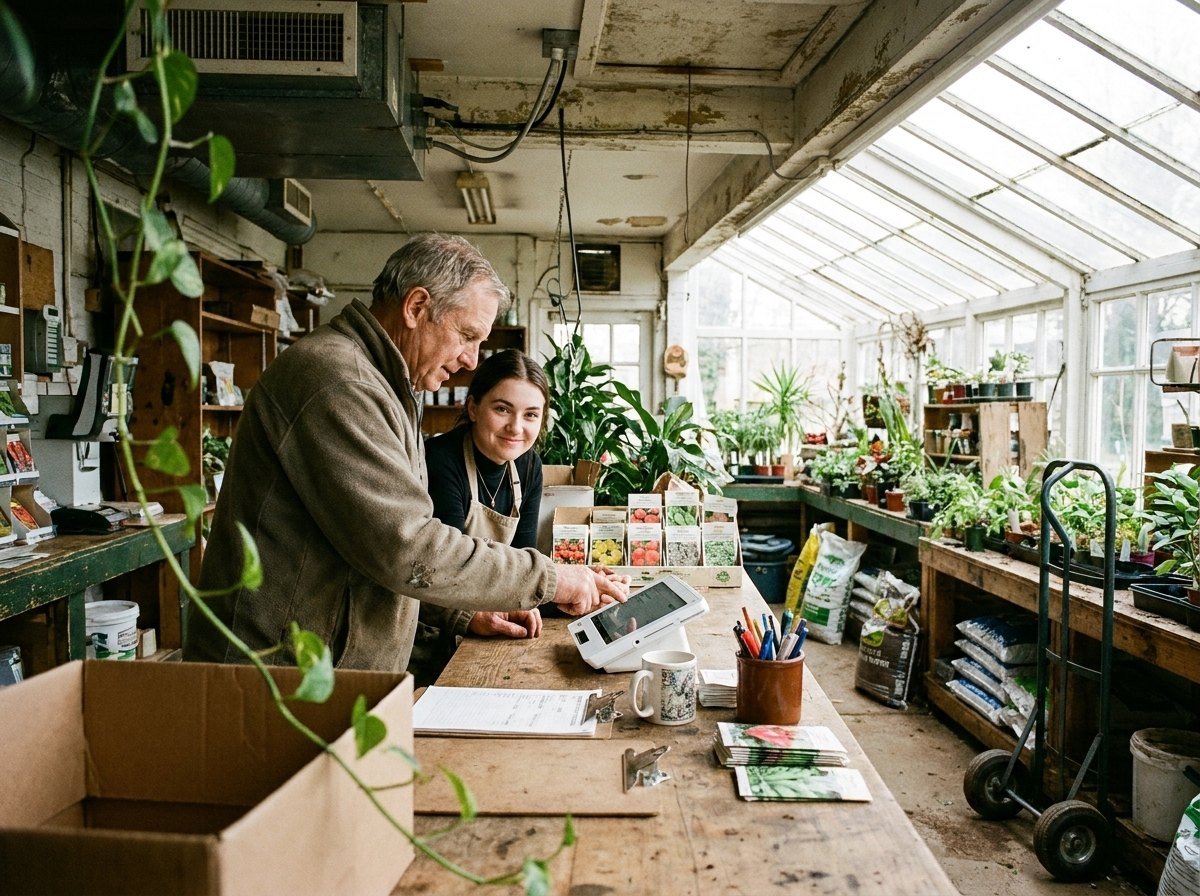 A garden-shop owner talking a new hire through the screen of the Clover Mini on their counter.