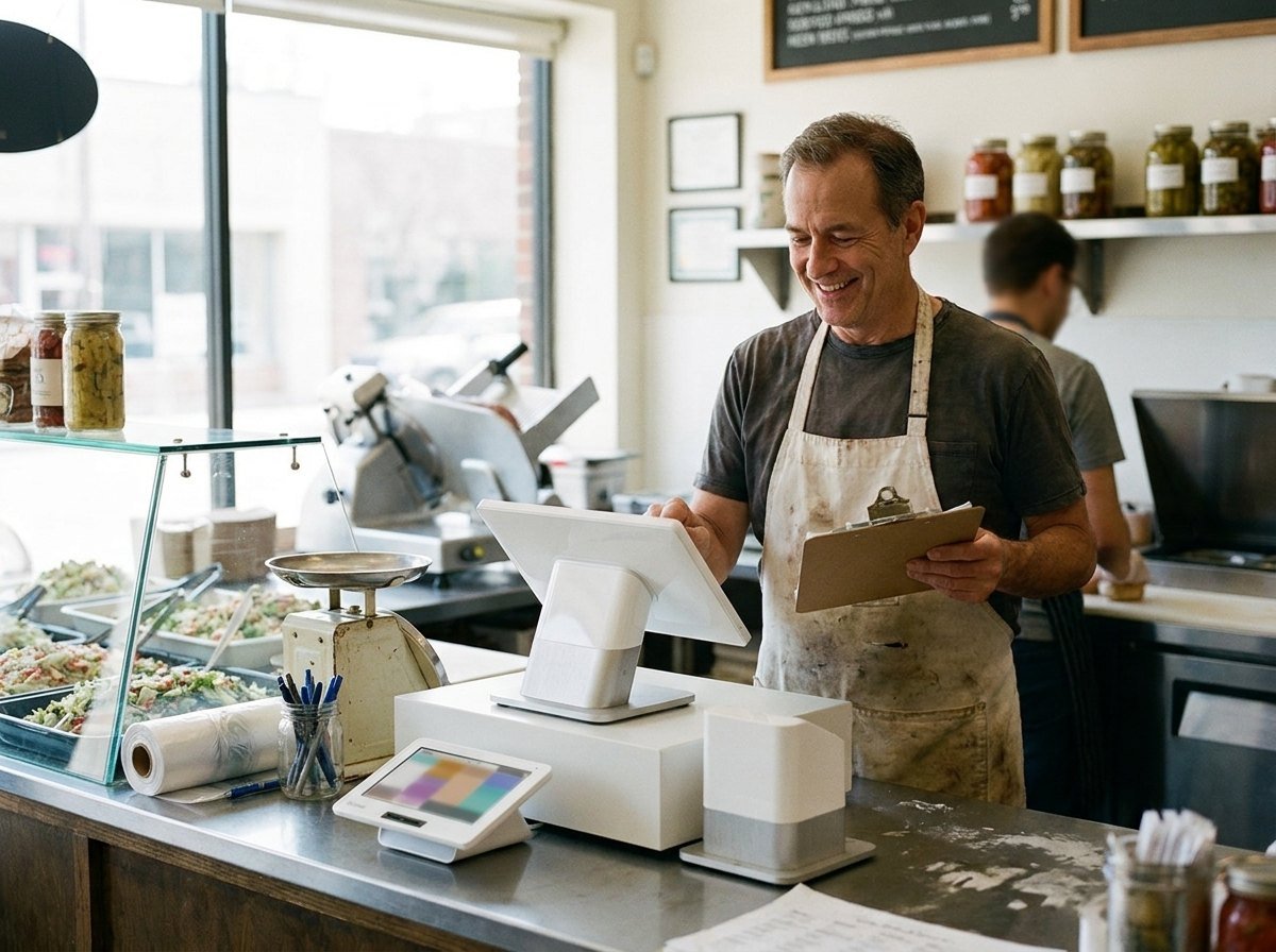 A deli owner updating his menu at the counter.