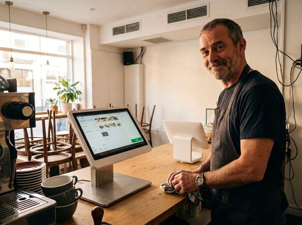Closing time at a café, from behind the till: the owner beside the Clover Station Duo merchant screen, the customer screen turned toward the empty seating.