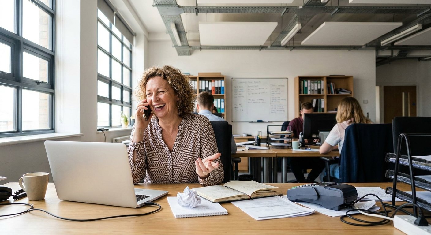 A business owner on the phone at her desk.
