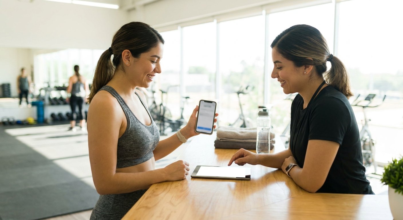 A customer booking on her phone at a front desk.