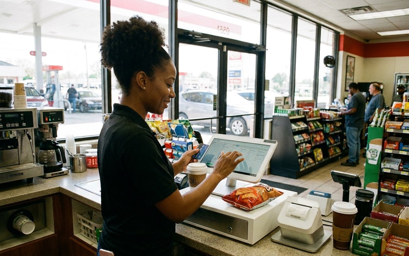 A point-of-sale system at a convenience-store counter.