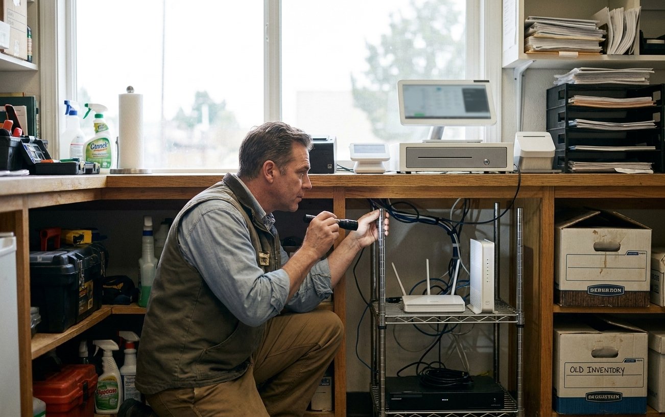 A technician connecting a network router.