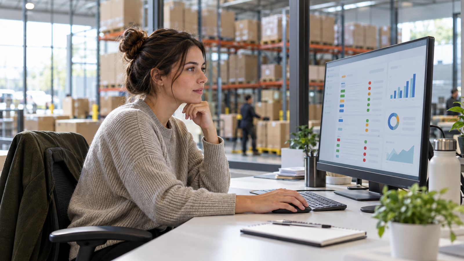 An e-commerce operations lead reviewing an order-review dashboard in a warehouse office.