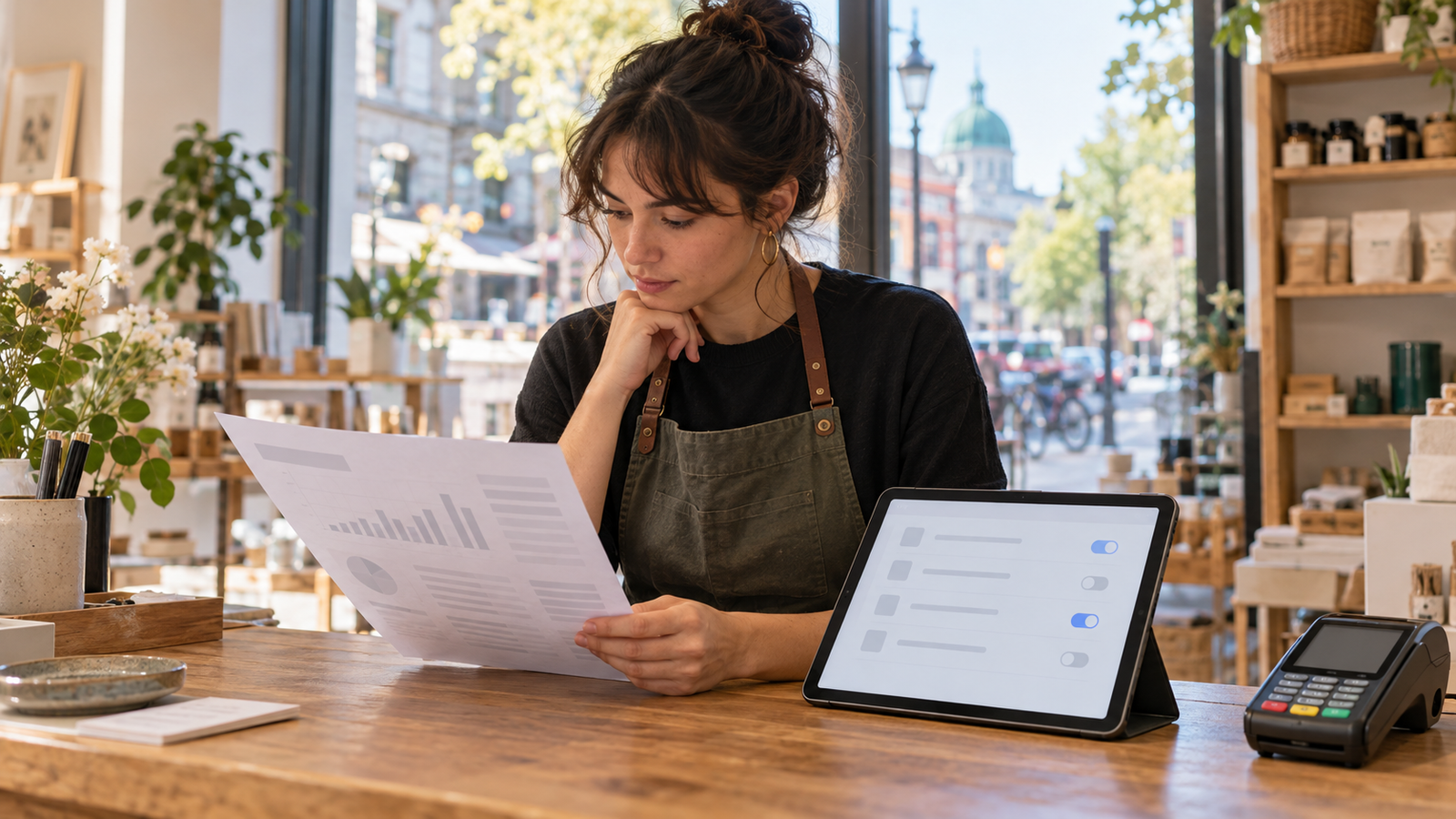 A shop owner at a Montreal counter comparing a printed statement with checkout settings on a tablet.