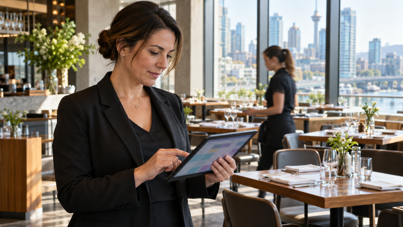 A restaurant manager reviewing a payments screen on a handheld tablet before service.