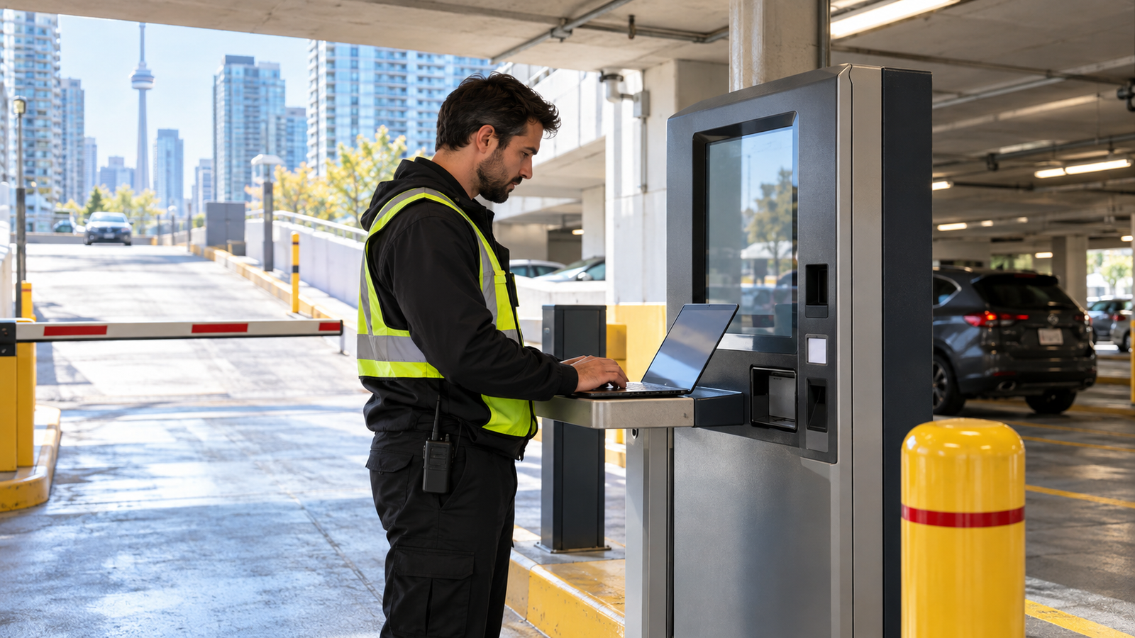 A parking operator beside an unattended pay station with a laptop open on its ledge.