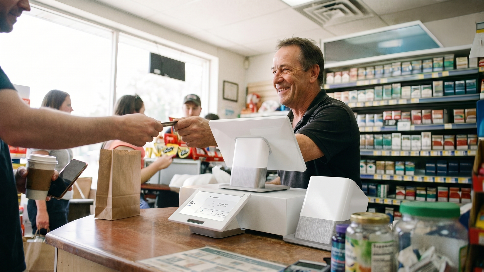 A busy grocery checkout counter mid-transaction.