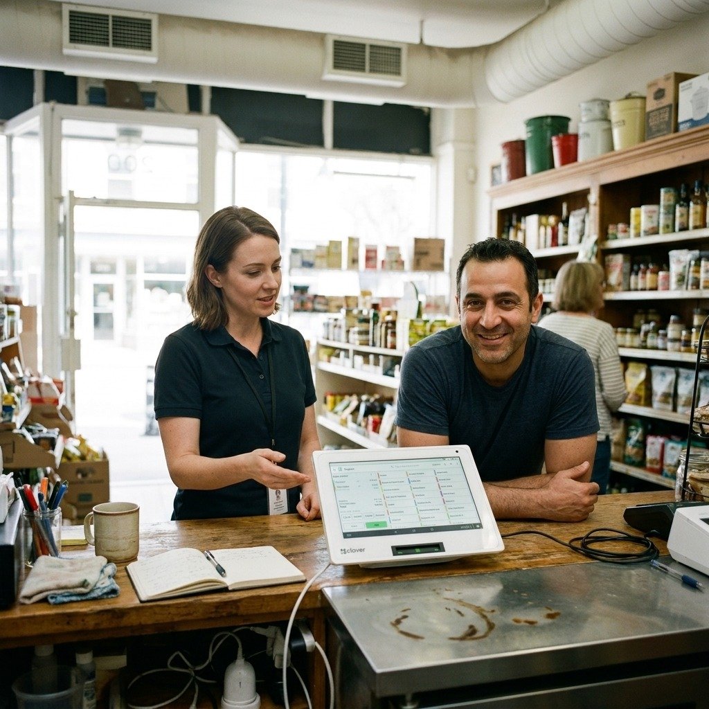 A CleverPays support specialist at a shop counter, going through the Clover Mini with the owner.