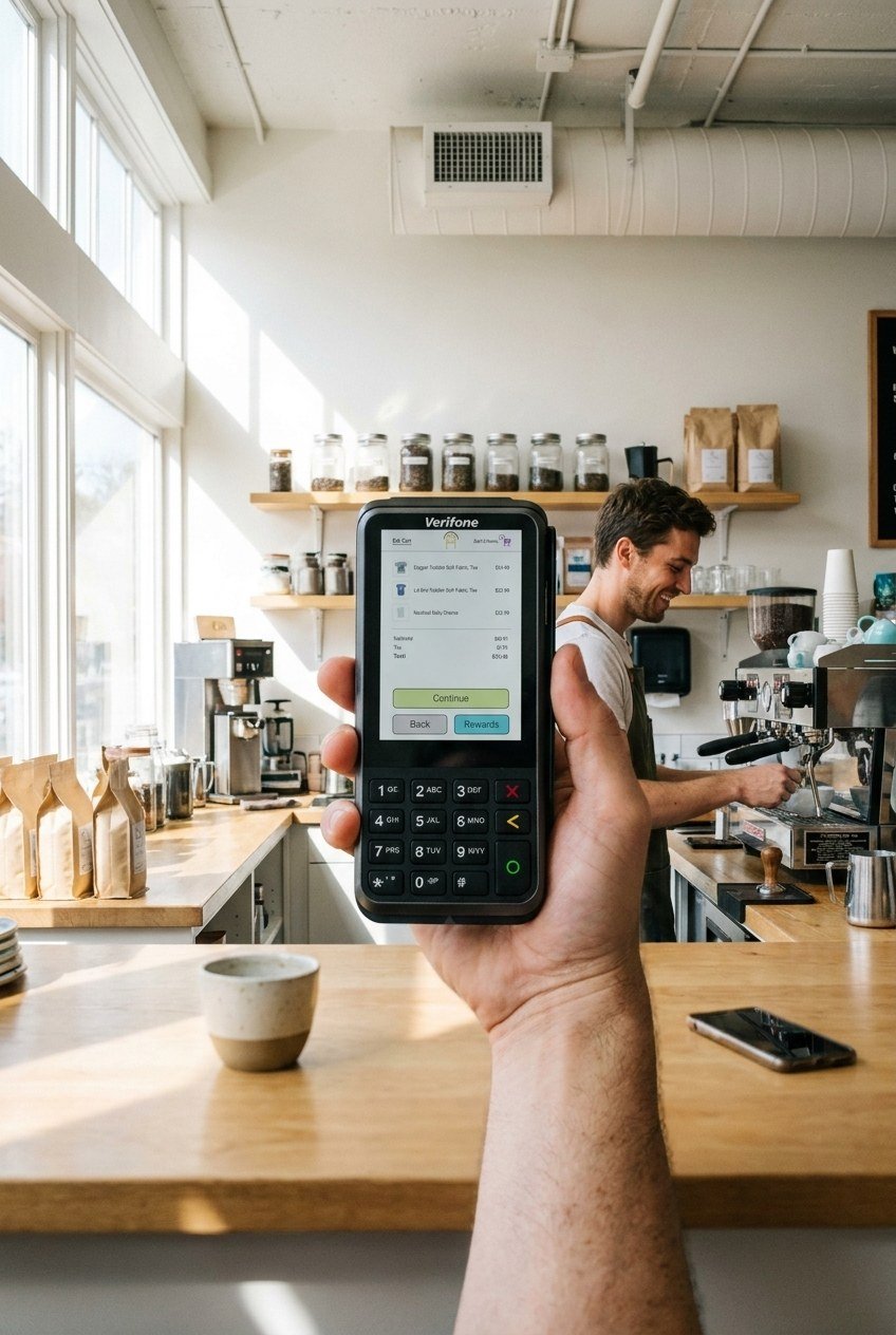 A Verifone V400m handheld terminal.