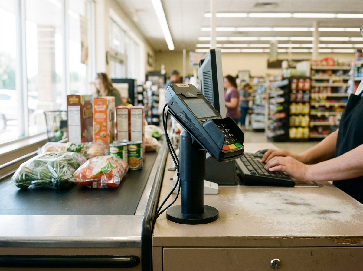 A PIN pad on a swivel stand at a supermarket checkout lane.