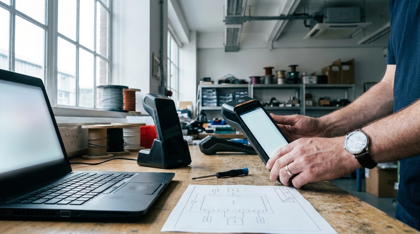 A technician checking two portable terminals against a laptop on a configuration bench.