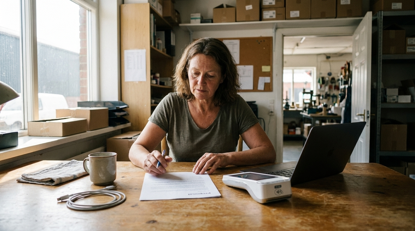 A shop owner reading a printed proposal at a back table, a terminal set to one side.