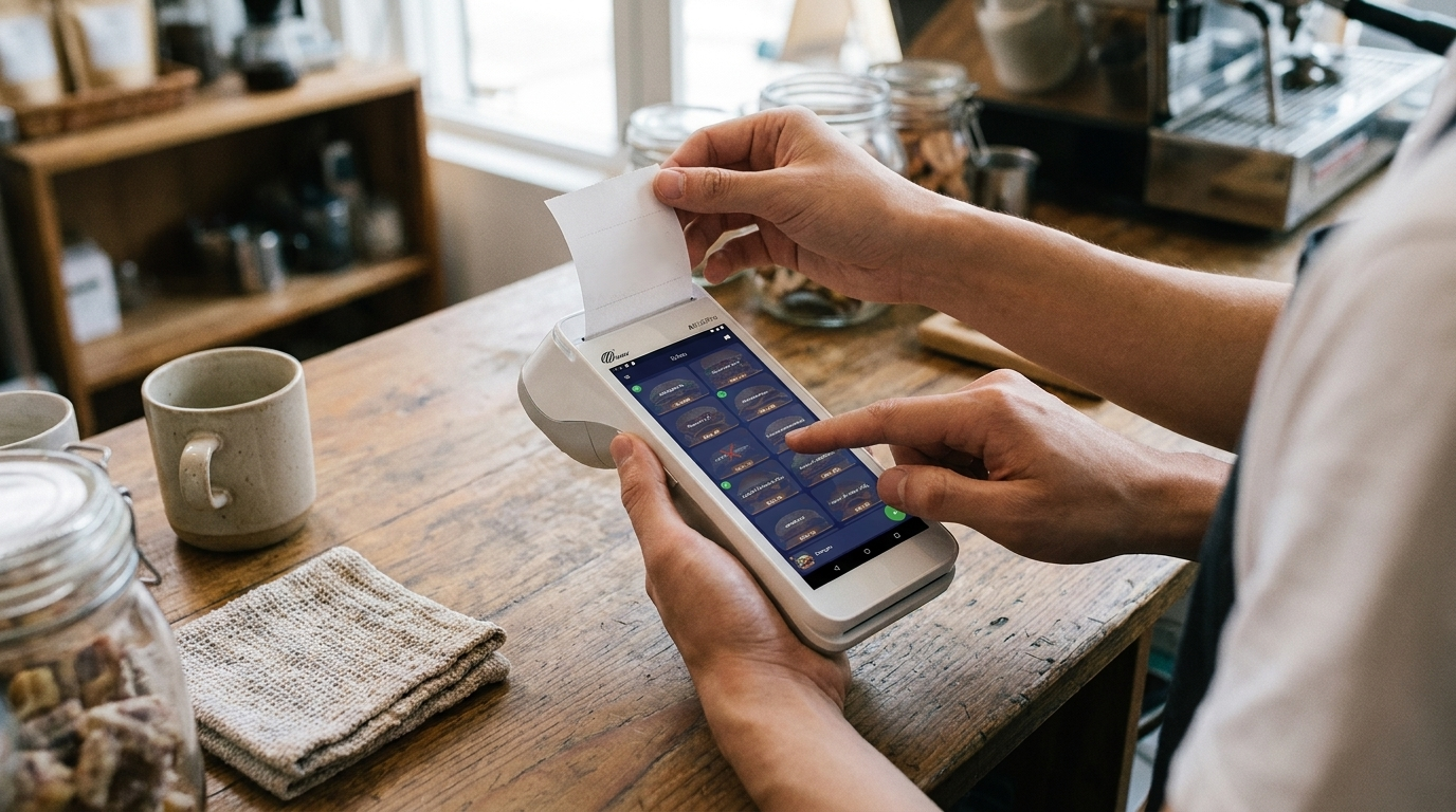 Hands at a handheld payment terminal on a cafe counter, one holding a receipt just torn from its printer, a fingertip on the screen.