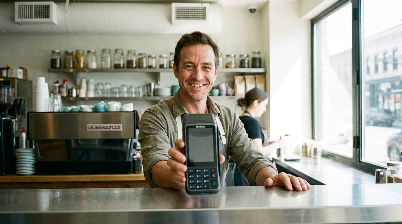 A shopkeeper holding out a Verifone V400m terminal across a cafe counter.